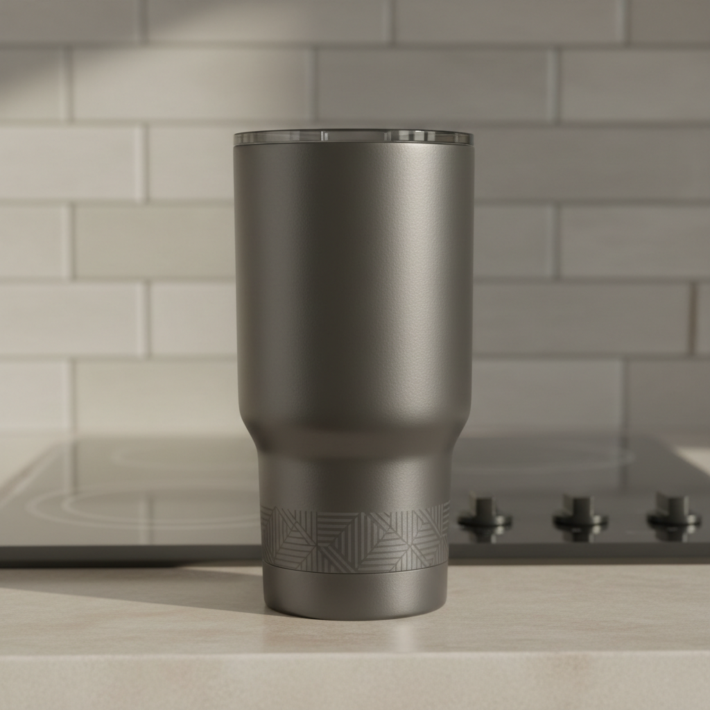 A stainless-steel thermal travel mug with a matte charcoal finish and precision-etched branding, resting on a minimalist kitchen counter of polished neutral-toned stone. In the background, an induction cooktop and a subtle backsplash of stacked, light gray ceramic tiles add structure without distraction. Mid-morning natural light softly filters in from the left, creating gentle reflections on the insulated surface while maintaining a clean, shadowless environment. Shot straight on with a centered composition and sharp detail to emphasize product quality and tactile finish, the mood is quietly confident and sophisticated. The overall photographic style is crisp, corporate, and contemporary, supporting high-quality product review content for discerning readers.