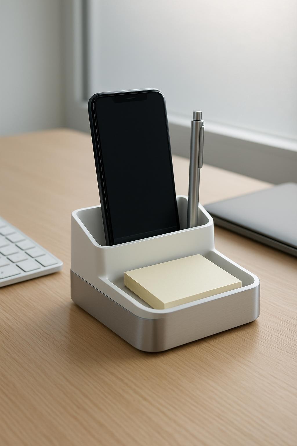 A sleek, modern multi-functional desktop organizer crafted from brushed aluminum and matte-white ABS plastic, featuring precise slots for smartphones, pens, and post-it notes. The organizer sits centered on a light oak veneer workspace, flanked by a clean wireless keyboard and a closed laptop. Ambient diffused daylight pours through a frosted office window, casting soft, natural highlights and subtle shadows that emphasize the smooth, clean surfaces. The composition is balanced and structured, capturing the product from a slightly elevated, eye-level viewpoint with sharp focus throughout. The mood is professional, organized, and calming, with a photographic realism and a minimal corporate aesthetic that perfectly embodies efficiency and order, complementing a blog about enhancing daily productivity with practical items.