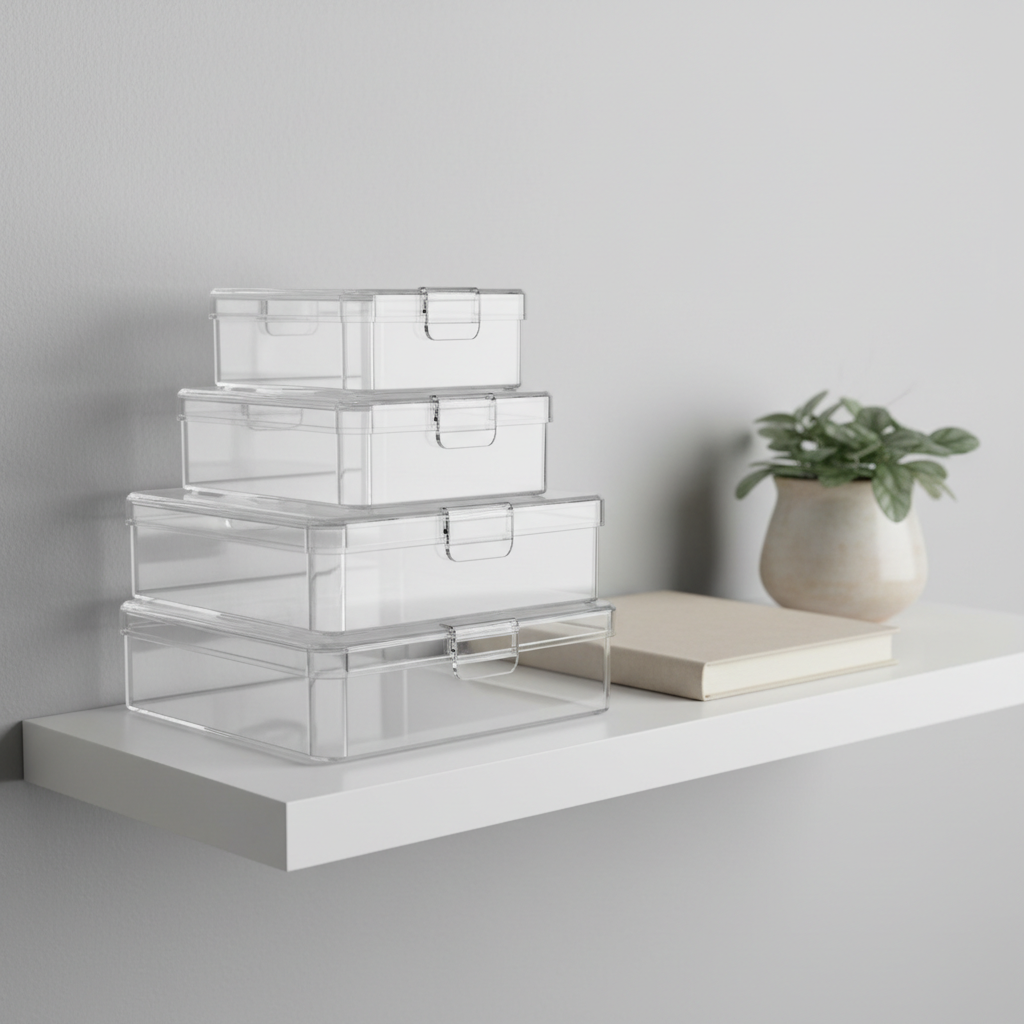 A set of innovative, stackable clear acrylic storage boxes with smooth, beveled edges and integrated magnetic closures, precisely arranged on a floating wall shelf against a pale gray background. Nearby, a closed hardcover notebook and a ceramic pot plant in soft-focus subtly reference organization and tranquility. Soft overcast daylight uniformly illuminates the scene, producing gentle highlights on the acrylic’s translucency and no harsh shadows. The angle is slightly above eye-level, employing the rule of thirds for a harmonious layout that spotlights the functionality and stylishness of the storage boxes. The mood is calm, neat, and assured, with a clean, minimalist photographic realism and balanced corporate design, ideal for conveying thoughtful item reviews.